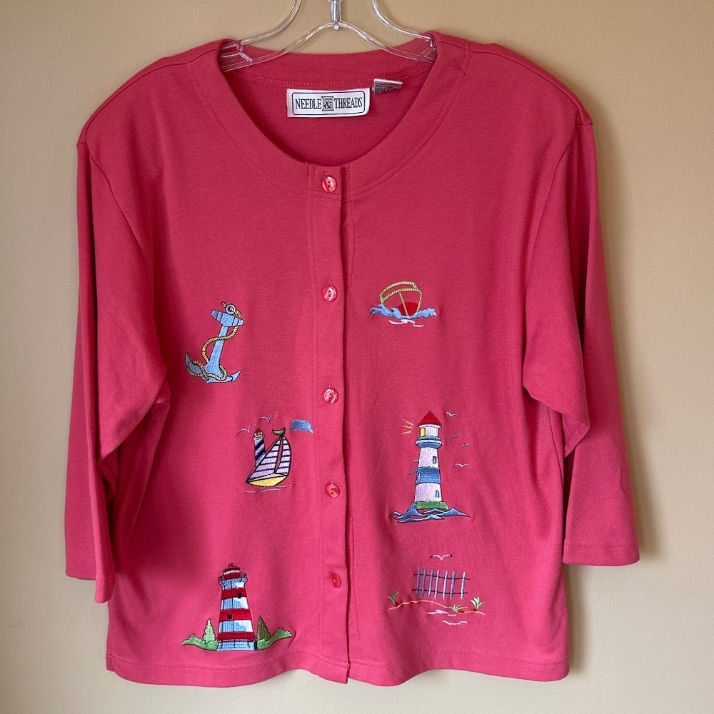 Needle & Threads Pink Lighthouse Embroidered Cardigan